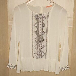 Lulumarie Womens Cream Silky Long Sleeve Boho Embroidered Ruffle Blouse Small